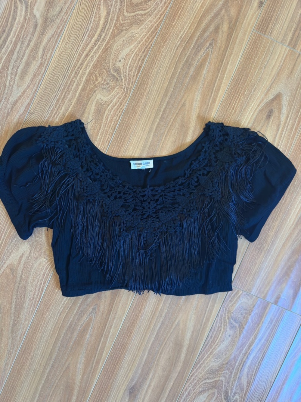 Women's Black Cropped Top with Fringe